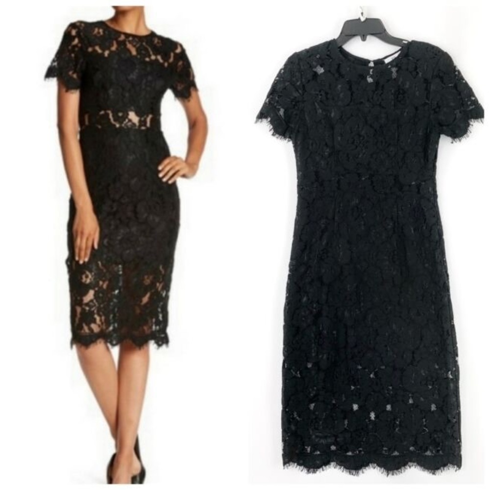 NSR-Black floral eyelash lace midi sheath dress